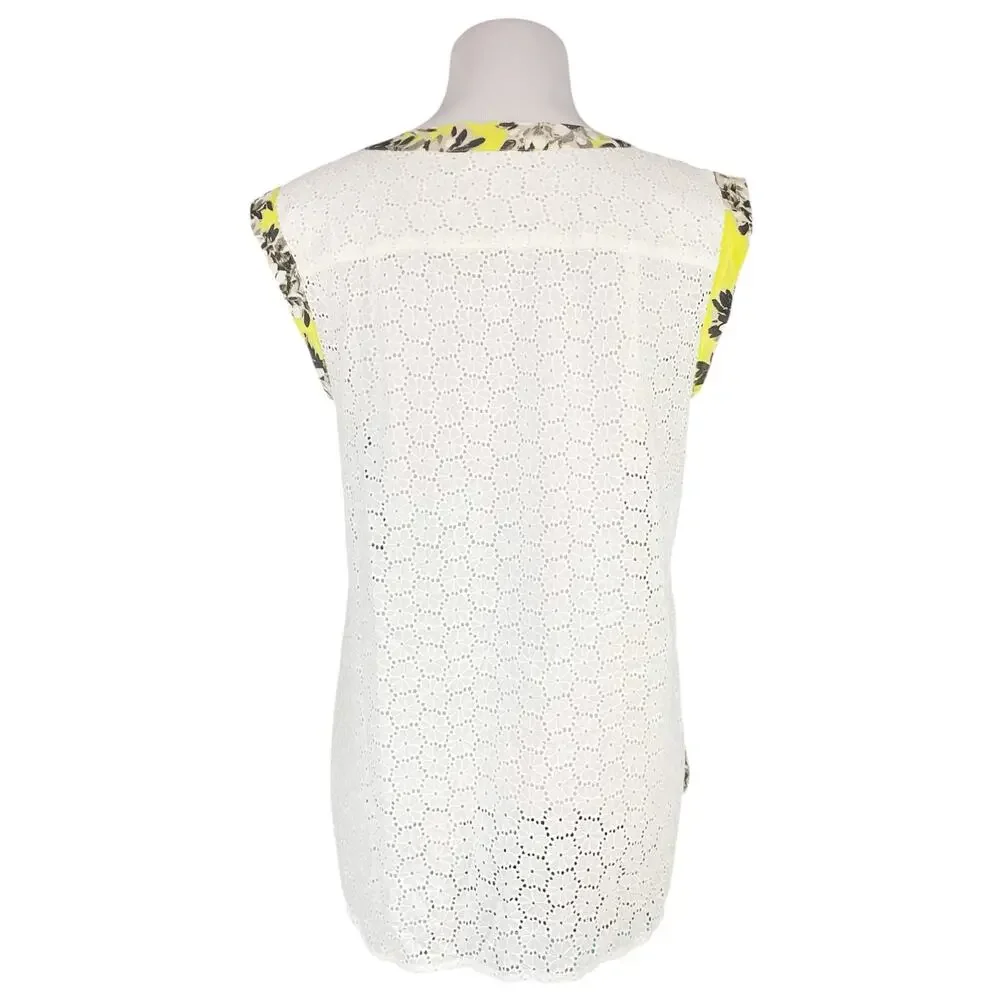 J. CREW Yellow Silk & White Eyelet Floral Sleeveless Blouse Size 2